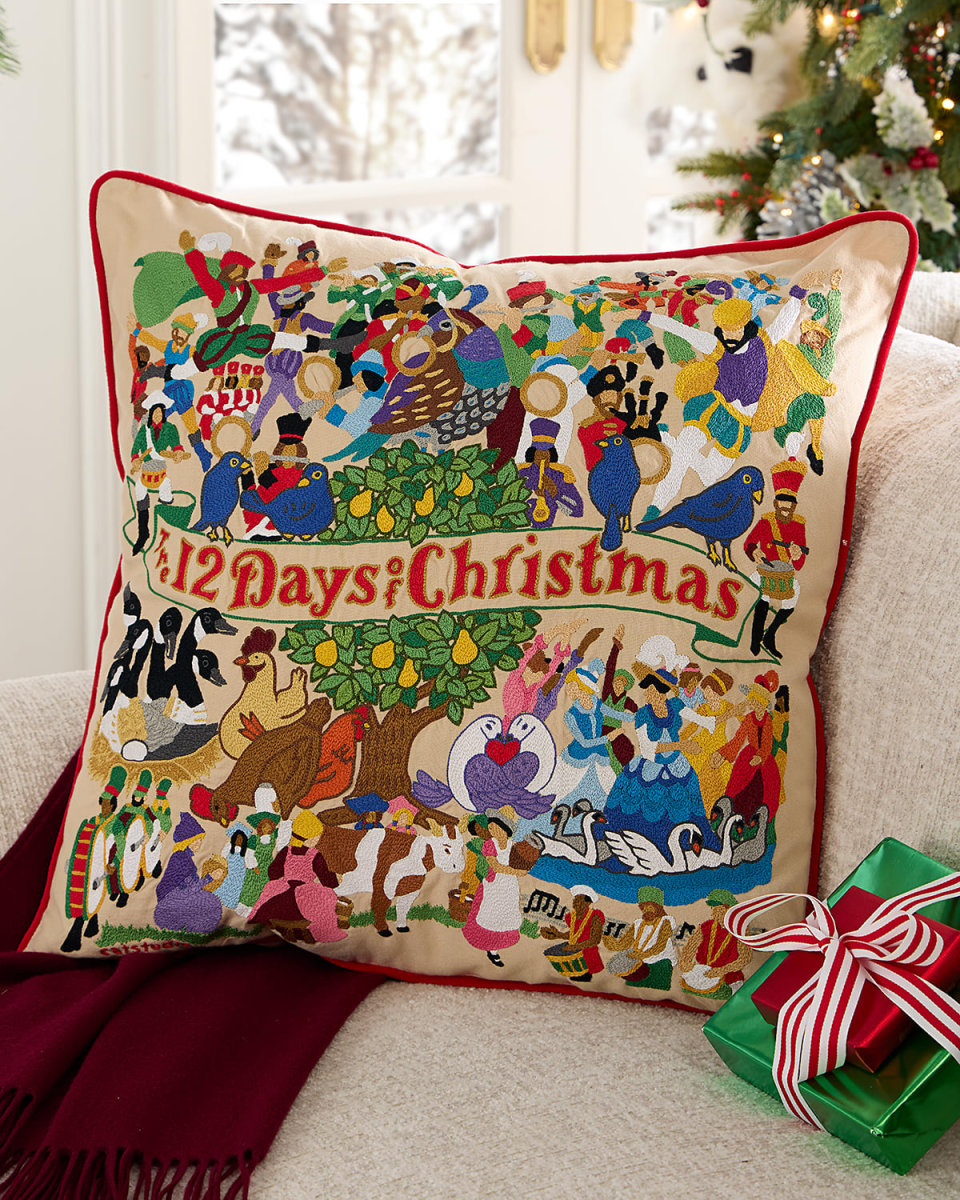 The 12 Days of Christmas Hand-Embroidered Pillow, 22" Square